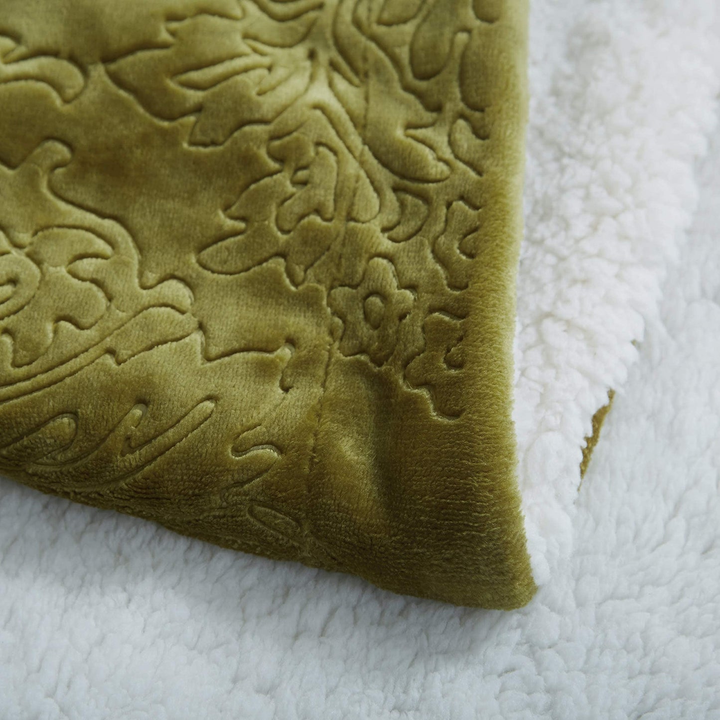 Tache Green Sherpa Bed Blanket - Earth Day - Spring Chartreuse Embossed Cozy Light Olive Green Luxury Super Soft Warm Decorative Queen Size Flannel Throw Blanket - 90X90 Inch