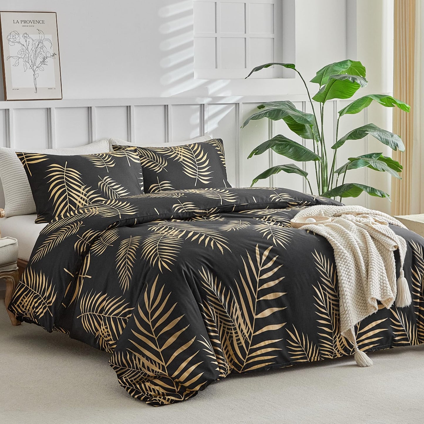 Lekesky King Duvet Cover Set, Black and Gold Tropical Palm Leaf Pattern Comforter Cover King Size, 3 Pieces Soft Microfiber Bedding Sets with Zipper & 2 Pillowcases, Comforter Not Included