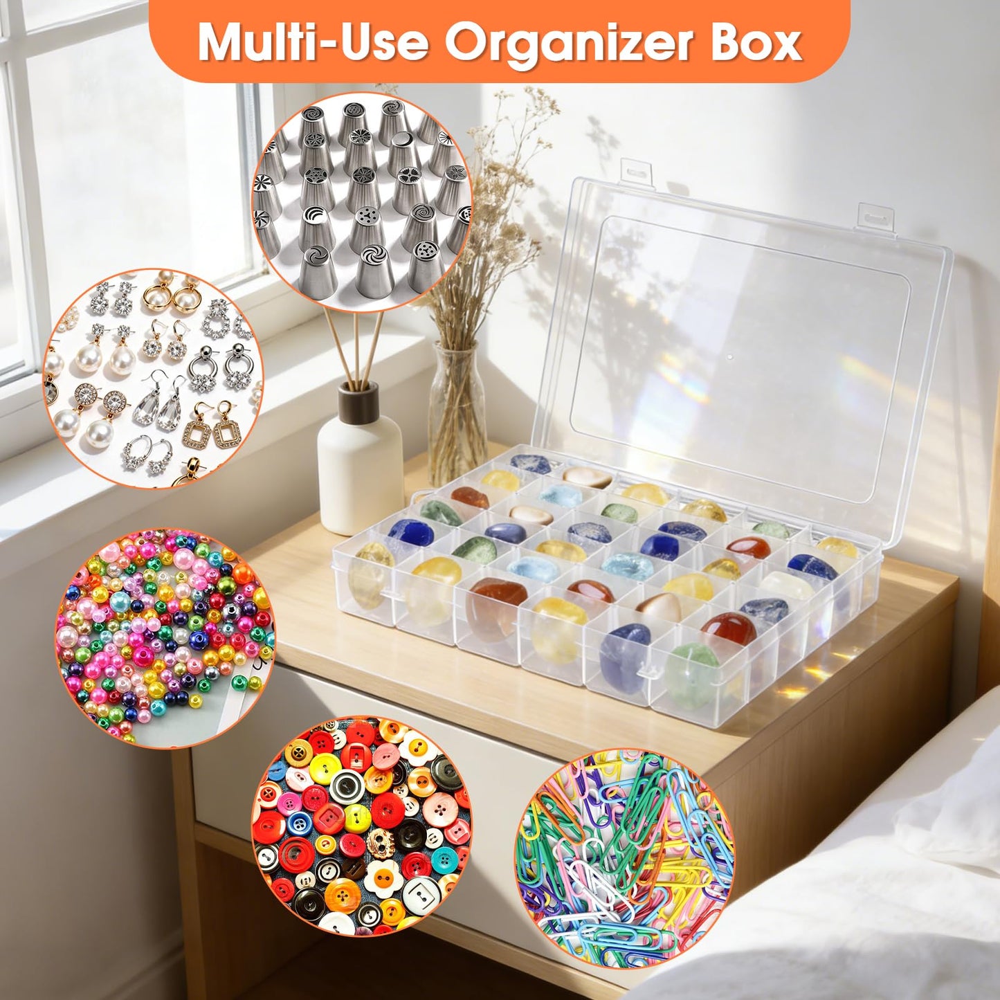 2 Pack Rock Collection Box, 36 Grids Rock Display Case with Adjustable Dividers, Clear Plastic Box Ideal for Rock Collection, Suitable for Crystal, Gemstone, Fossil, Seashells, Jewelry, Beads, Crafts