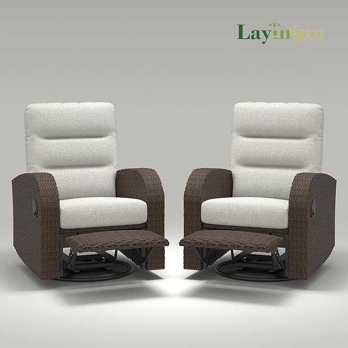 LayinSun Oversized Wicker Outdoor Swivel Glider Recliner with Adjustable Backrest & Footrest, Patio Reclining Lounge Chair - Set of 2