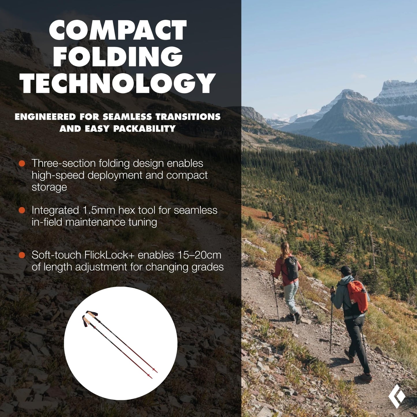 BLACK DIAMOND Pursuit FLZ Trekking Poles (Pair) | Adjustable Z-Pole Design | Natural Cork Grips | Lightweight Aluminum Hiking Poles | Black-Octane | Small/Medium