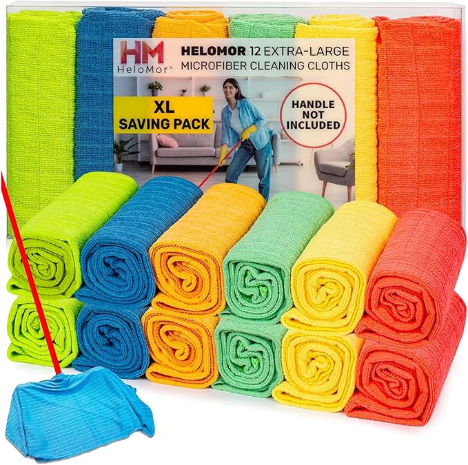 HELOMOR 12 Extra Large Microfiber Cleaning Cloths, Reusable Multi-Purpose
