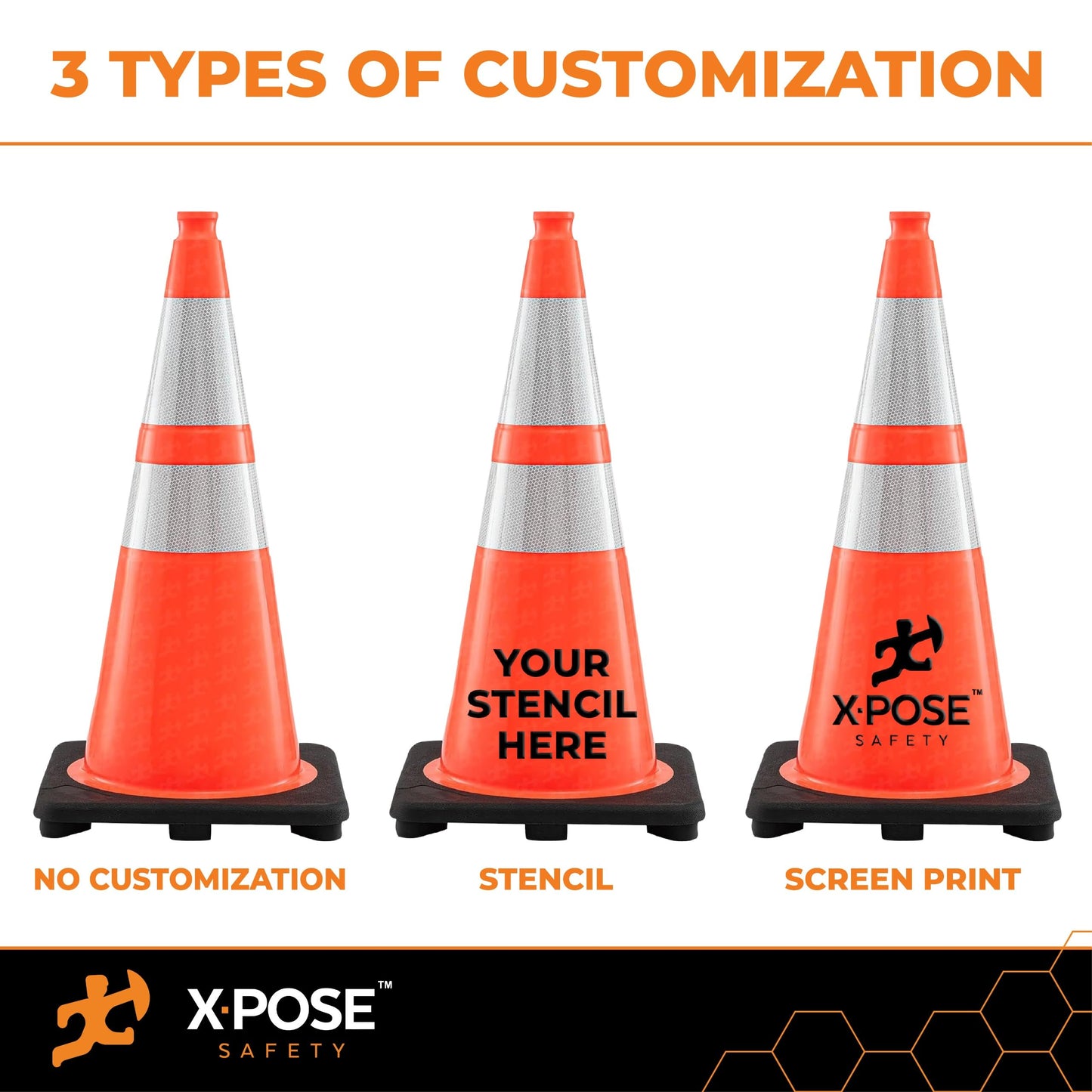 Xpose Safety 28" Orange Traffic Cones, 24-Pack, 6" & 4" Collar – PVC Safety Cones for Parking, Soccer, Construction & Kids – Custom Stenciling Available