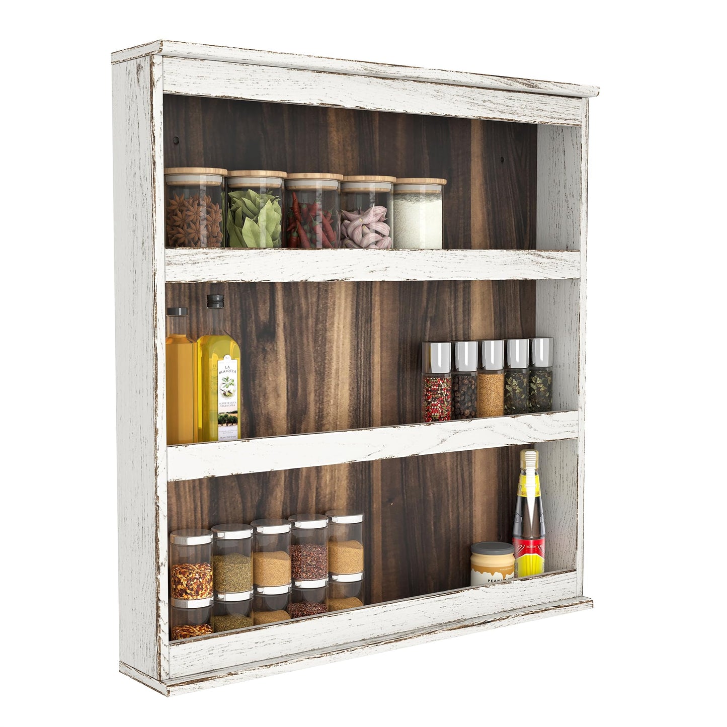 Nisorpa 3 Tier Spice Rack Wall Mount, Rustic Burnt Wood Wall Hanging Spice Rack Kitchen Spice Shelf Organizer for Seasoning Jars or Condiment Bottles, 19.68 x 3.35 x 21.25 Inches