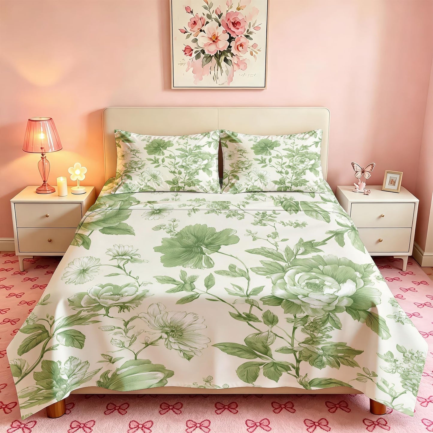Green Floral Queen Bedding Set Farmhouse Botanical Sheet Sets