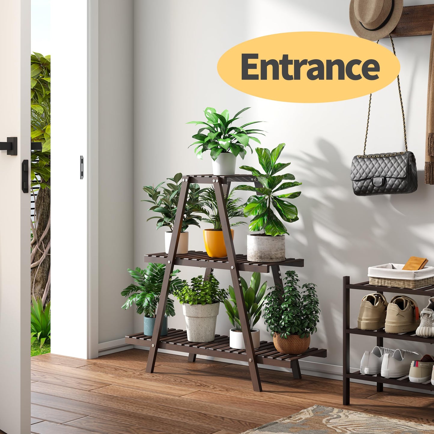 Furshus Plant Stand Indoor, Outdoor bamboo Plant Rack for Multiple Plants, 3 Tier 8 Potted Flower Holder Ladder,Plant Shelf Ladder Table Plant Pot Stand for Living Room, Patio, Balcony (Brown)