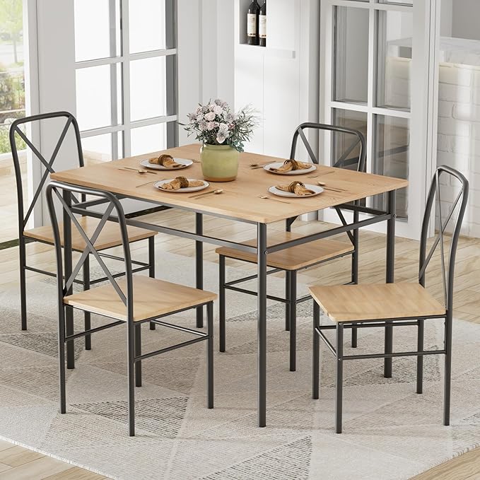 VECELO Dining Table Set for 4, 5-Piece Wood Kitchen Table
