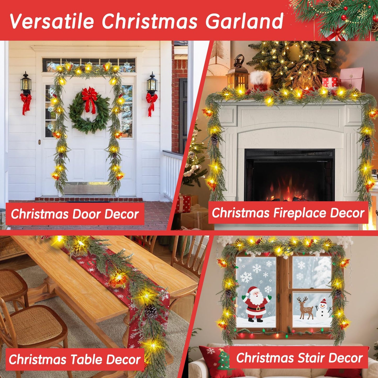 HUZIYAHAN Prelit Christmas Garland with Lights 6FT Christmas Tree Lighted Garland Outdoor Indoor Battery Operated Garland for Mantel Table Porch Stair Wall Winter Home Holiday Christmas Decorations