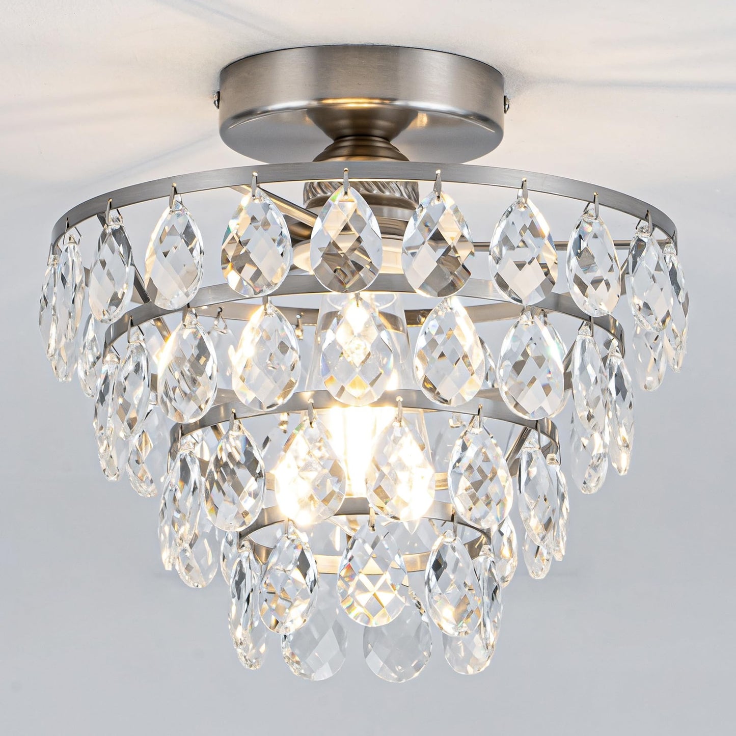 MAYNA Crystal Ceiling Light Fixture, Chrome Hallway Light Fixtures Ceiling, Bedroom Light Fixture for Kitchen Entryway Bedroom Laundry Room Girls Room, E26 Bulb Included