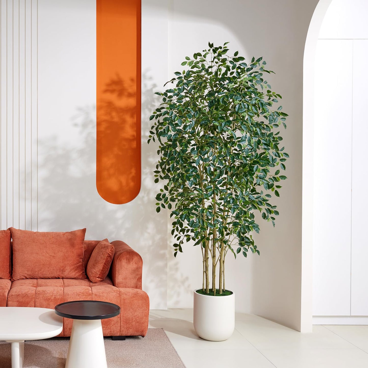 VeriNatural 8FT Artificial Ficus Tree, Faux Plants Indoor Fake Trees Artificial - Potted Fake Ficus Tree with Realistic Leaves and White Planter,Floor Plant for Home Decor, Office Entryway