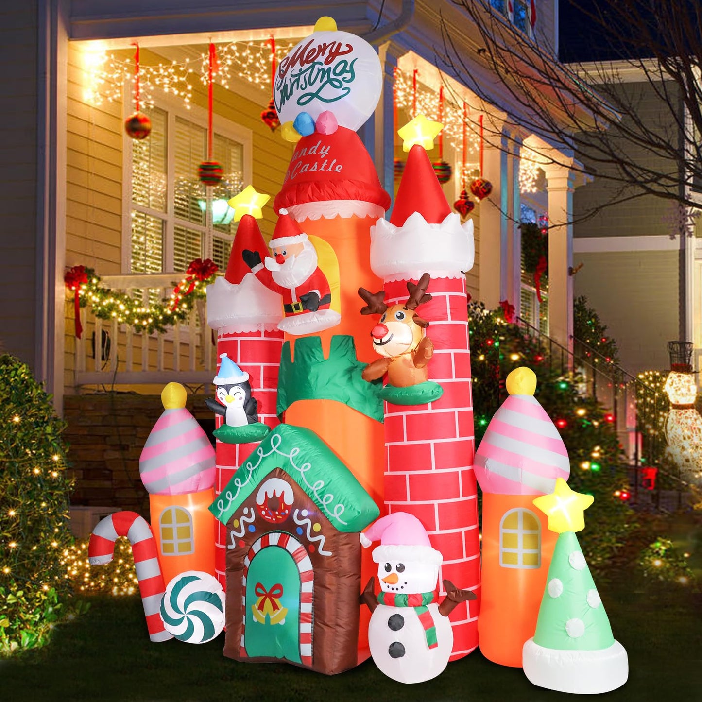 Christmas Inflatables Outdoor Decoration Castle - 10FT Inflatable Christmas Castle with Snowman Penguin Reindeer Giant Outdoor Indoor Blow Up Airblown LED Light Yard Lawn Garden Home