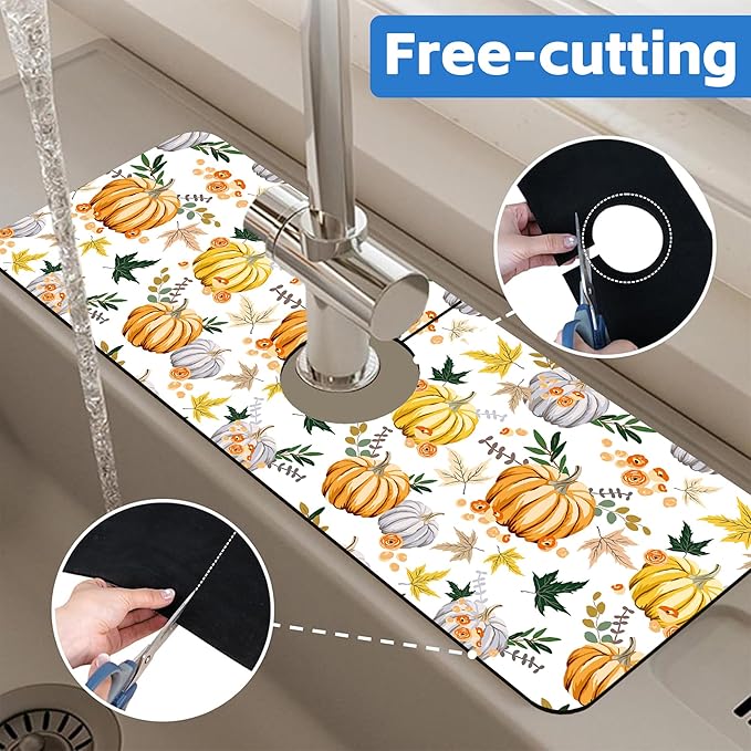 Thanksgiving Sink Faucet Absorbing Mat Pumpkin Floral Leaves Sink Splash Guard