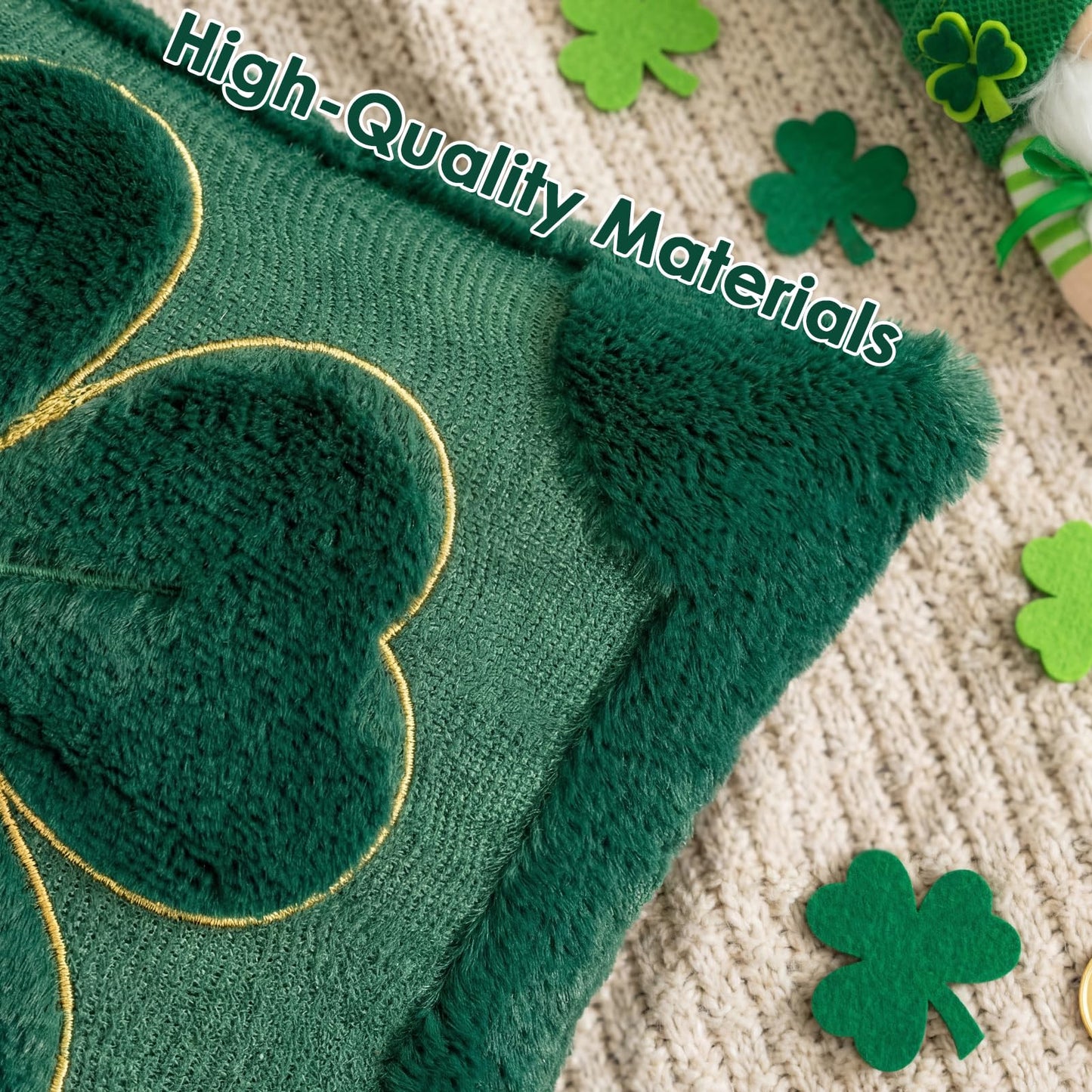 Emvency St Patricks Day Throw Pillow Covers 18x18 Set of 2, Green Shamrock Golden Decorative Pillow Cases Soft Plush Faux Fur Wool Couch Cushion Case for Couch Bed Sofa Living Room Home Decor