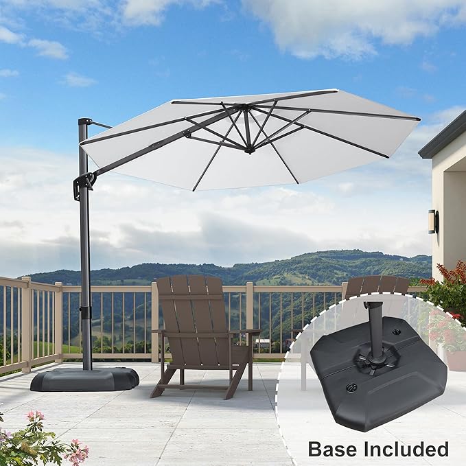 PURPLE LEAF 11 Feet Patio Umbrella with Base Outdoor Cantilever Round Umbrella Aluminum Offset Umbrella with 360-degree Rotation for Garden Deck Pool Patio Light White