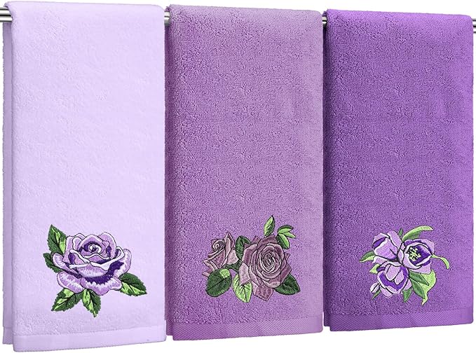 3 Pcs Purple Rose Hand Towels Lavender Purple Bathroom Decor Embroidered Floral