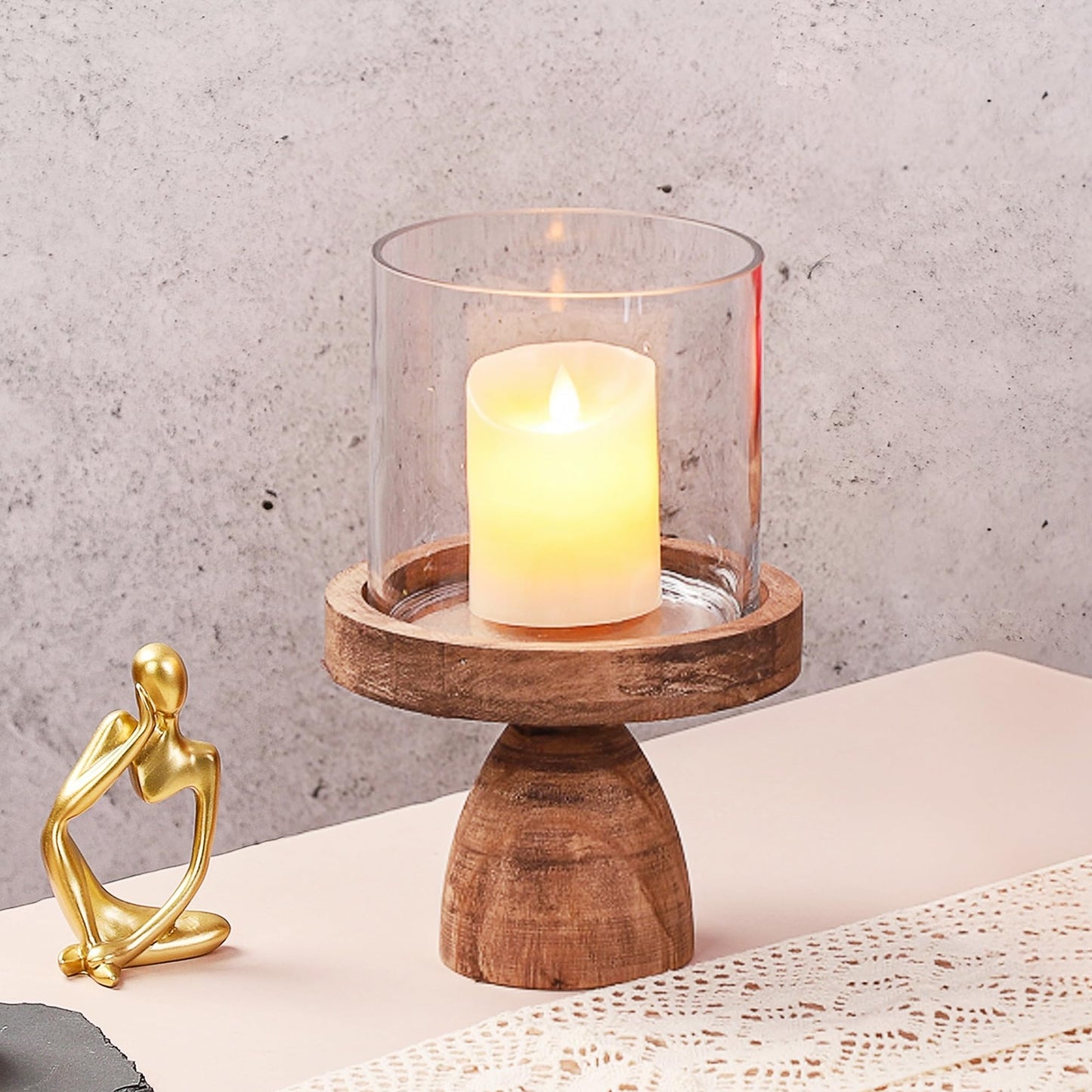 7" Wide Farmhouse Glass Hurricane Candle Holder & Glass Vase with Vintage Natural Sturdy Solid Wooden Base for Pillar & Flower Arrangement, Terrarium, Centerpiece, Console Table, Dining Table, Mantel