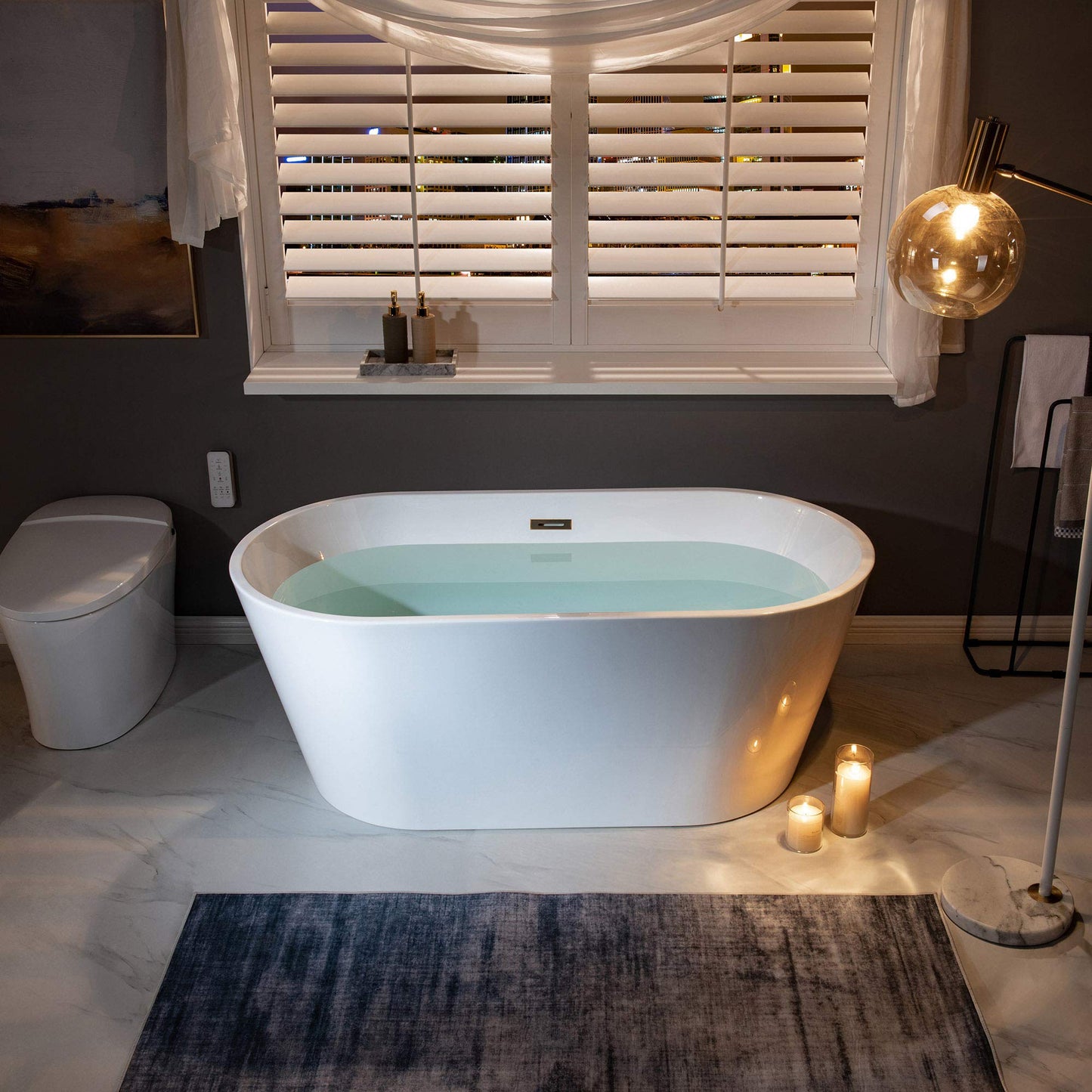 WOODBRIDGE 59"Freestanding White Acylic Soaking Bathtub with Drain Kit and Floor Mount Tub Filler in ORB,BTA1514 -ORB-Drain &O+F0010ORBRD