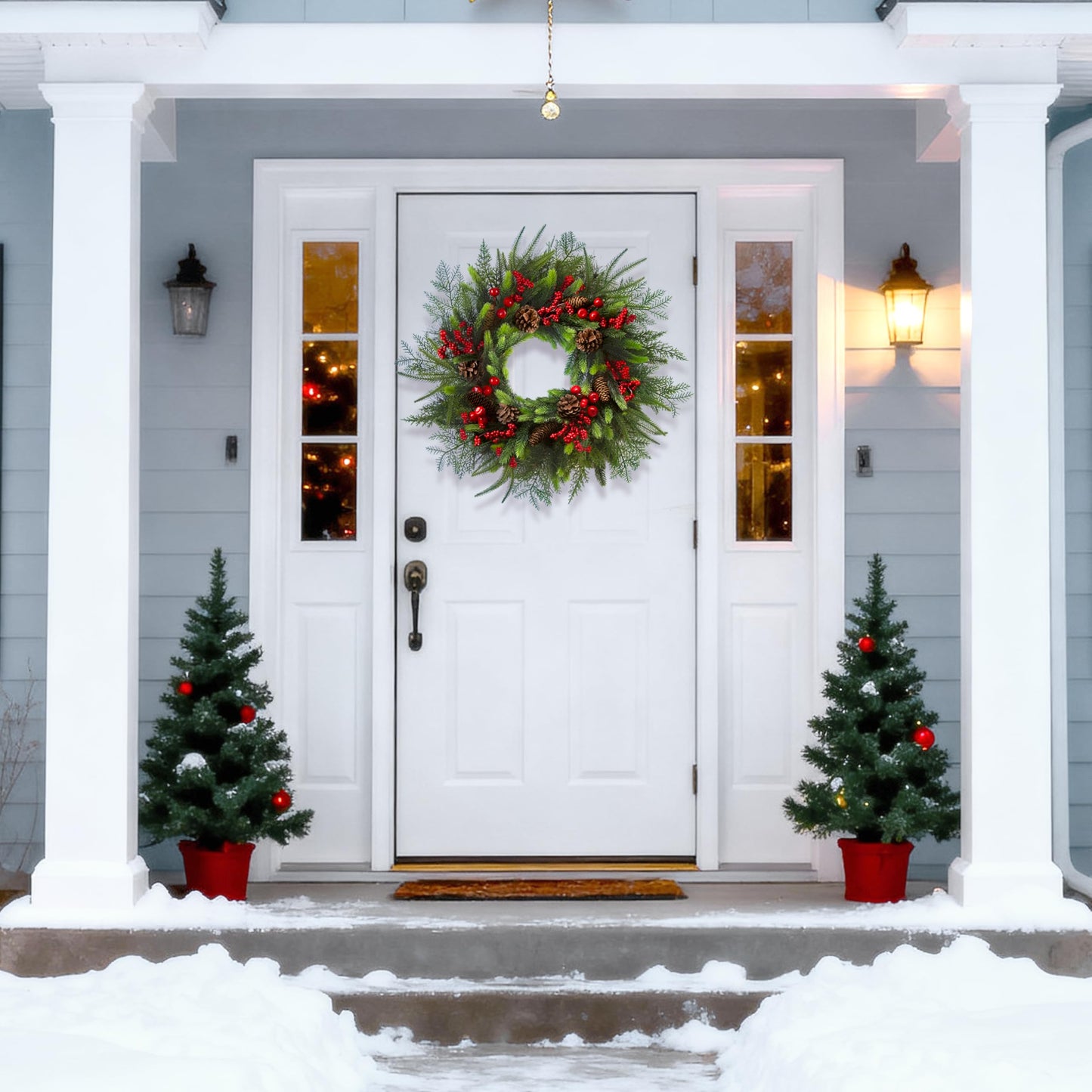 24 Inch Christmas Wreath with Red Berries, Pinecones and Greenery – Artificial Holiday Front Door Cedar Wreath for Farmhouse, Winter Indoor Outdoor Xmas Home Décor