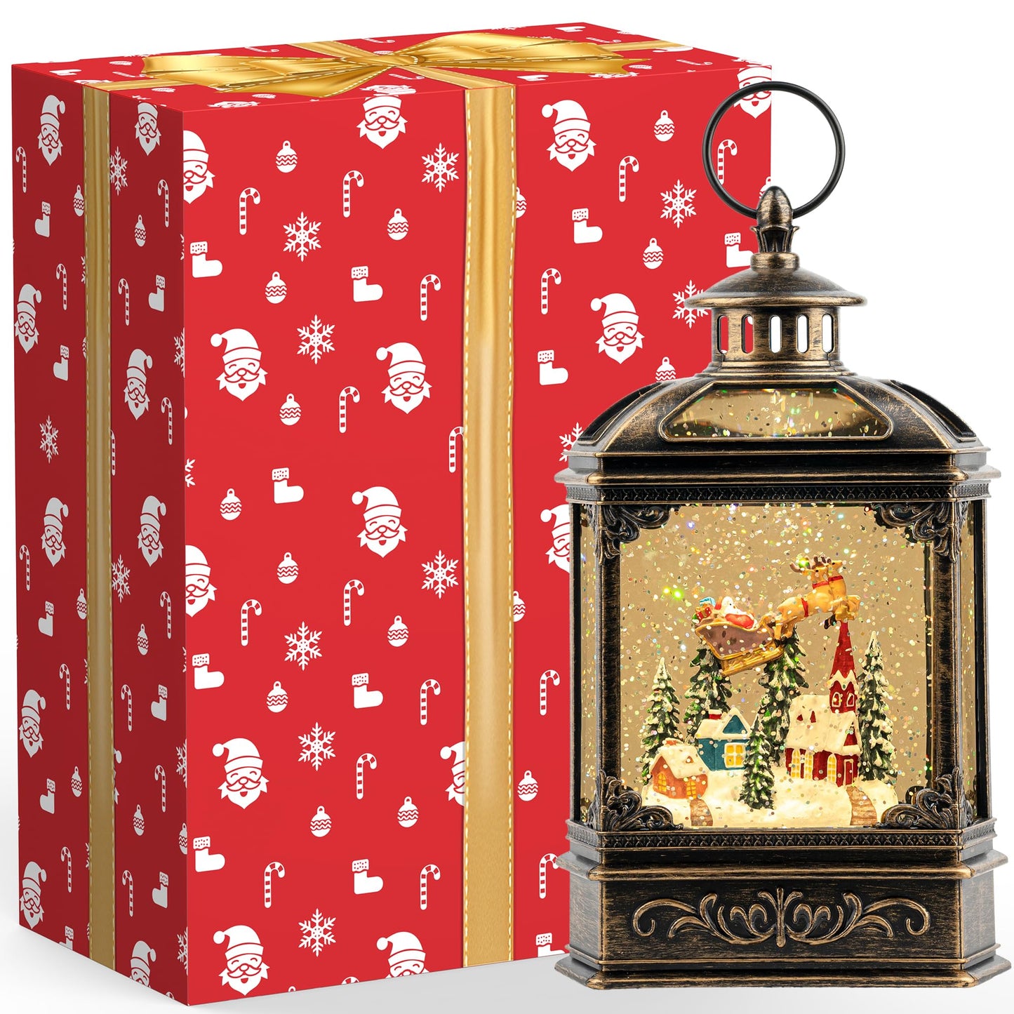 VISFLAIR Christmas Snow Globe Lighted Church & Flying Santa Scene, Musical Snow Water Lantern Swirling Glittering Home Decoration and Gift, Battery Operated or USB Powered
