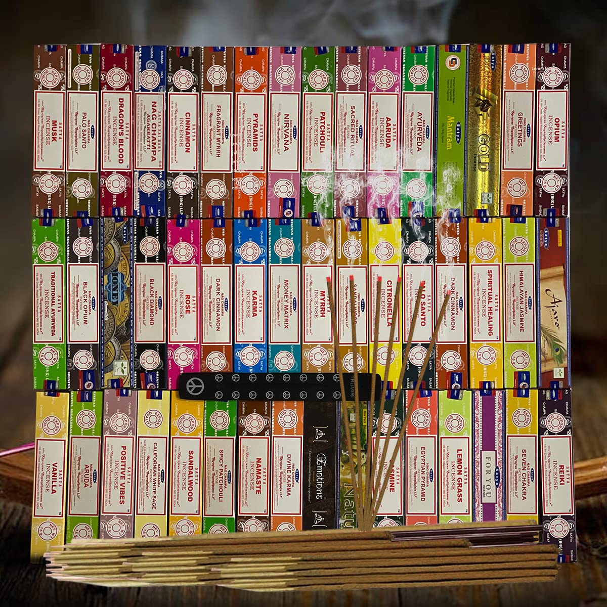 Satya Incense Sticks Variety Pack of 12 Randomly Selected Fragrances and Incense Stick Holder Bundle Total 180 Sticks
