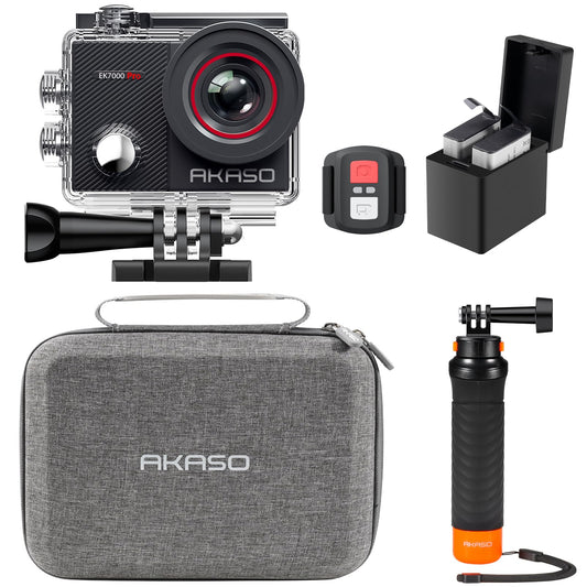 AKASO EK7000 Pro 4K30 Action Camera with Touch Screen EIS 131FT Waterproof Underwater Camera 5X Zoom Remote Control with Waterproof Floating Hand Grip Bundle and Carrying Case Accessories Kit Bundle