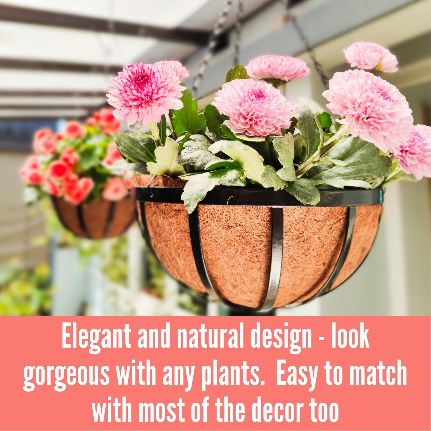 LaLaGreen Outdoor Hanging Baskets for Plants (20 Inch, 4 Pack) Extra Large Black Metal Flat Iron Hanging Planter with Coco Liner Round Flower Pot Holder Deck Porch Modern Garden Balcony Rustic Decor