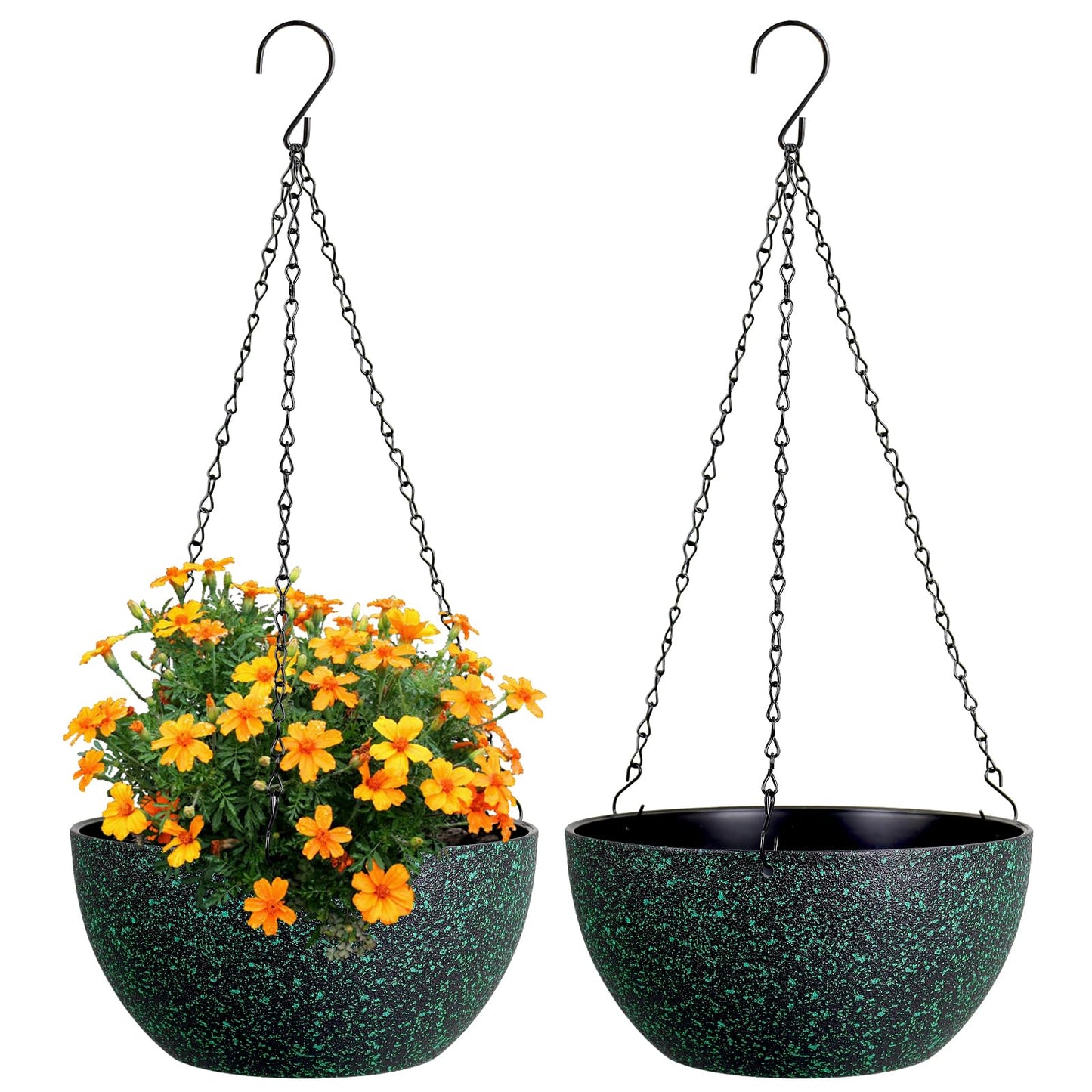 Meowell 10 inch Hanging Planters for Indoor Outdoor Plants, 2 Pack Hanging Flower Pots with Drainage Holes and Chain for Garden, Plastic Hanging Baskets for House Plants, Black with Green Speckles