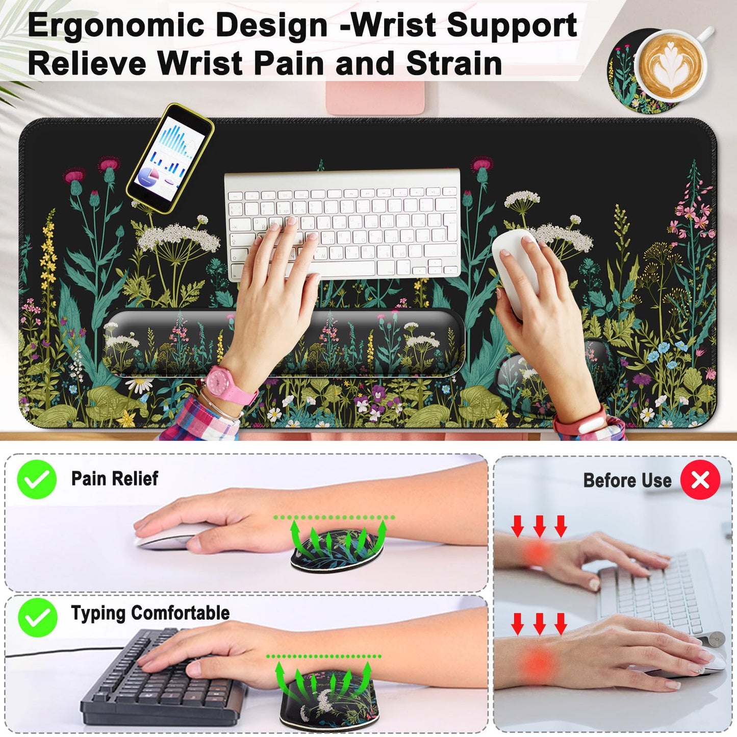 Keyboard Wrist Rest + Mouse Pad with Wrist Support + Desk Mat + Coaster 4 in 1 Set, XXL Large Gaming Mousepad Cute Ergonomic Mouse Pads for Desk Computer Laptop Office Decor-Little Flowers