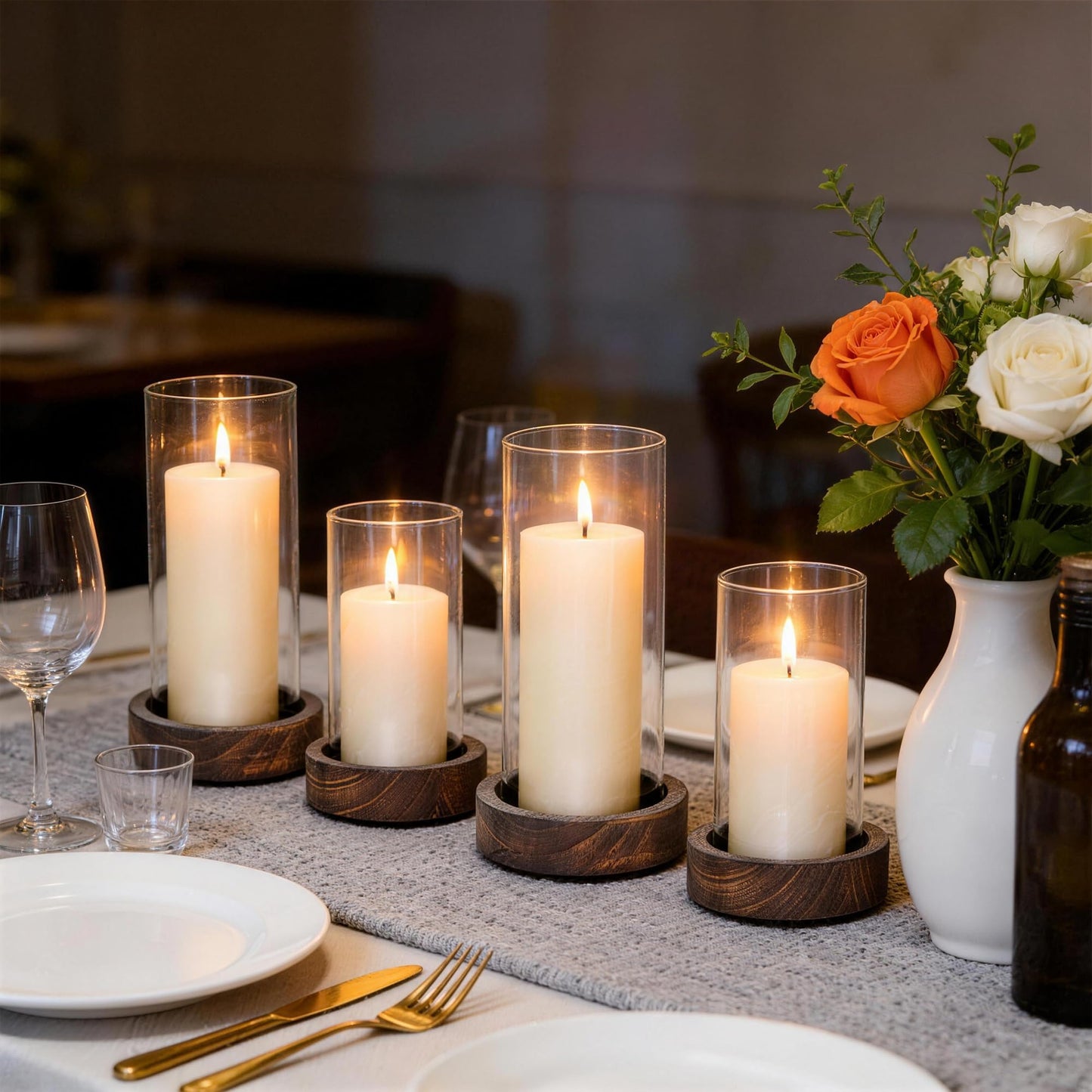 Ronasip Set of 4 Hurricane Candle Holders with Wood Base & Glass Cylinder (4.2x5.9” & 4.6x7.8”) – Rustic Wooden Candle Holders for Home Decor, Weddings, Table Centerpieces