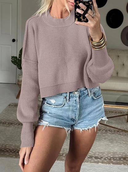 ANRABESS Womens Cropped Sweaters Oversized Crewneck Long Batwing Sleeve Side Slit Ribbed Knit Pullover Tops 2025 Fall Clothes