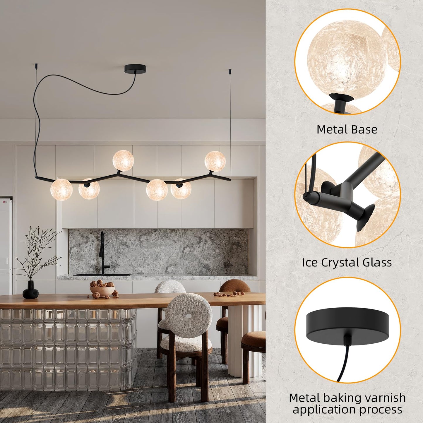 ziidoo Modern Branch Glass Chandelier，6-Lights Pendant Light Ice Crystal Pattern Lampshade Ceiling Artistic Tree Shape Hanging Light Fixtures Over Table for Dining Island Living Room Bar Kitchen
