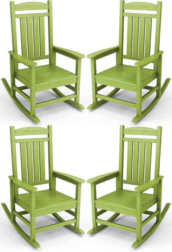 KINGYES HDPE Outdoor Rocking Chair Set of 4, All-Weather Poly Patio Rocking Chairs with 330lbs Support for Adults, Pistachio Green