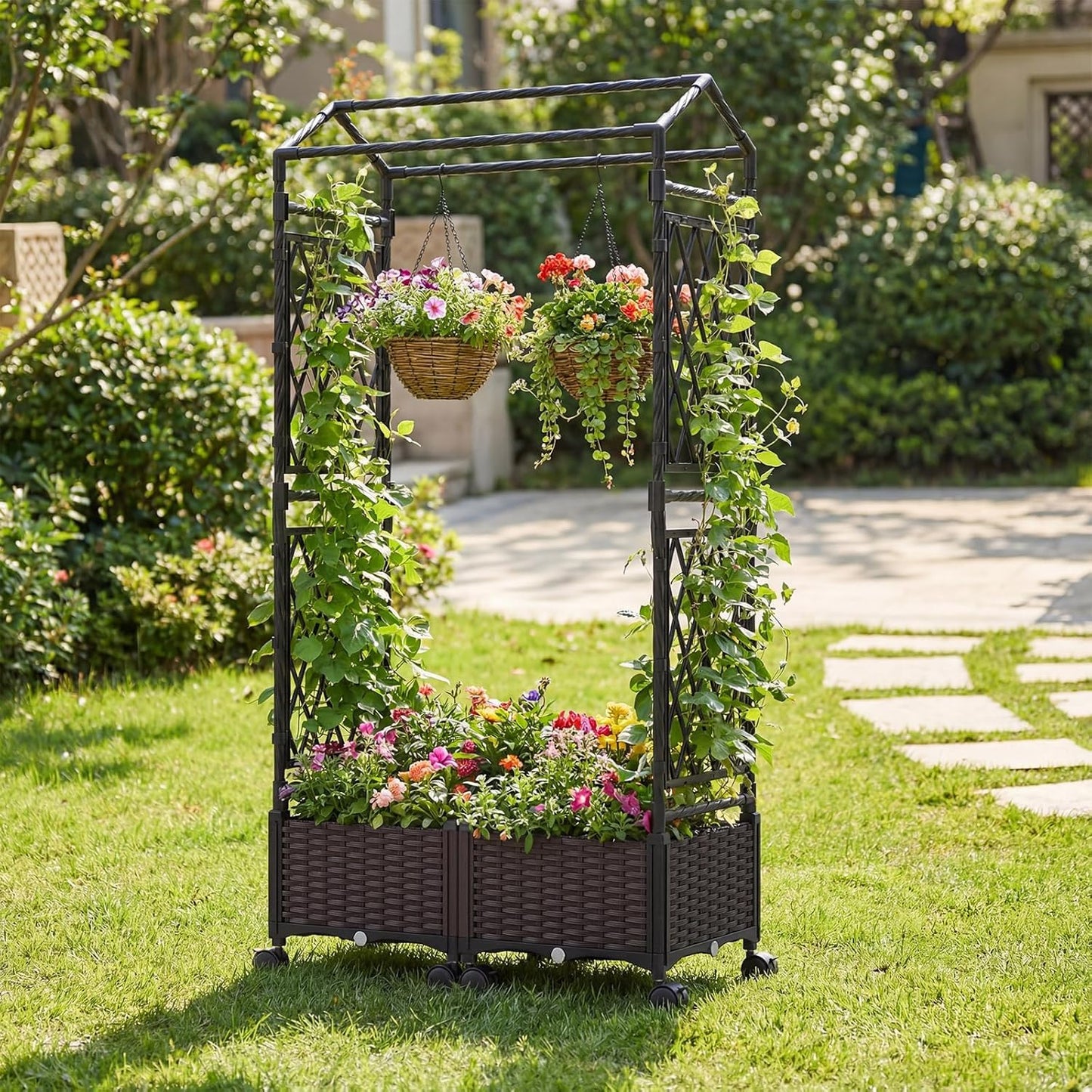 Byroce Self-Watering Tomato Planter Box with Trellis, 64” Tall Raised Garden Bed with Lockable Wheels, Arch Roof & Drainage Holes, Vertical Garden for Patio Balcony Outdoor Vegetables (Roof Type A)