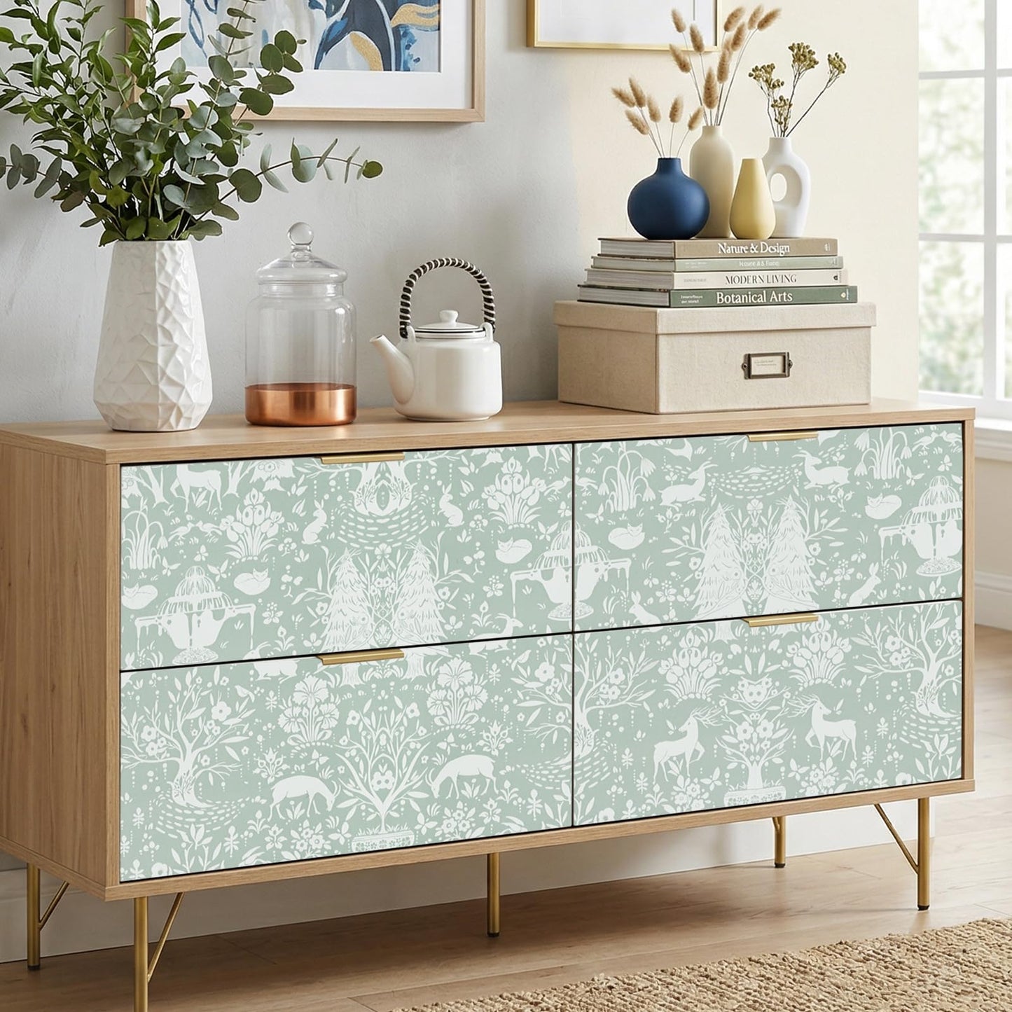 WENMER Forest Animal Wallpaper, 17.7" x 590" Green and White Contact Paper, Woodland Peel and Stick Wallpaper with Deer Rabbit Fox, Self Adhesive Removable Wall Paper for Living Room Bedroom Nursery