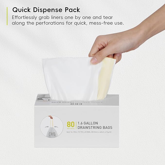 EKO 1.6 Gallon / 3-6 Liter, Extra-Strong Unscented Garbage Bags, Easy-Dispense