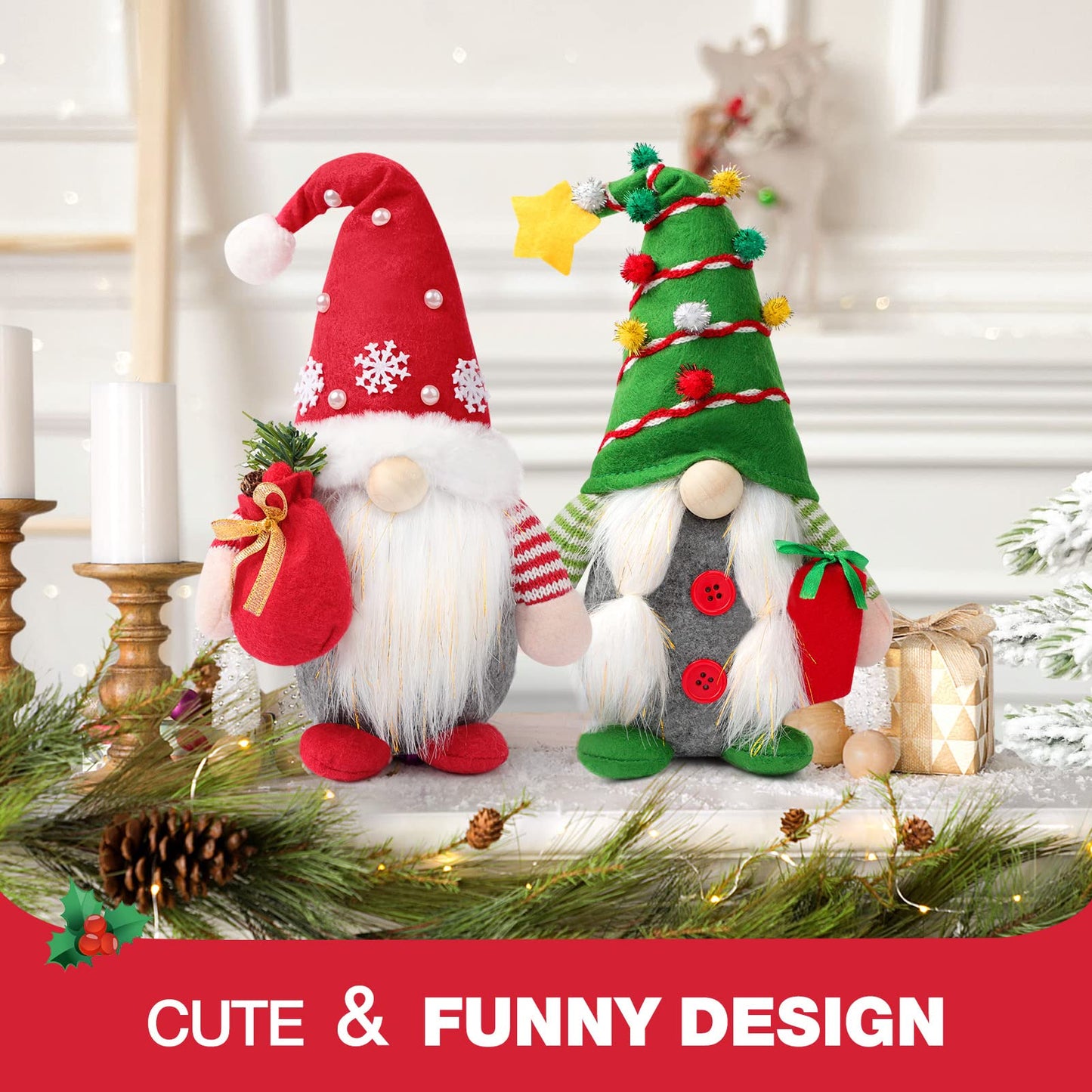 Yonsya Set of 2 Christmas Gnome Plush Decorations, Xmas Farmhouse Tiered Tray Tree Christmas Decor Doll Collectible Figurines - Home Tabletop Elf Ornaments (2, Red+Green)