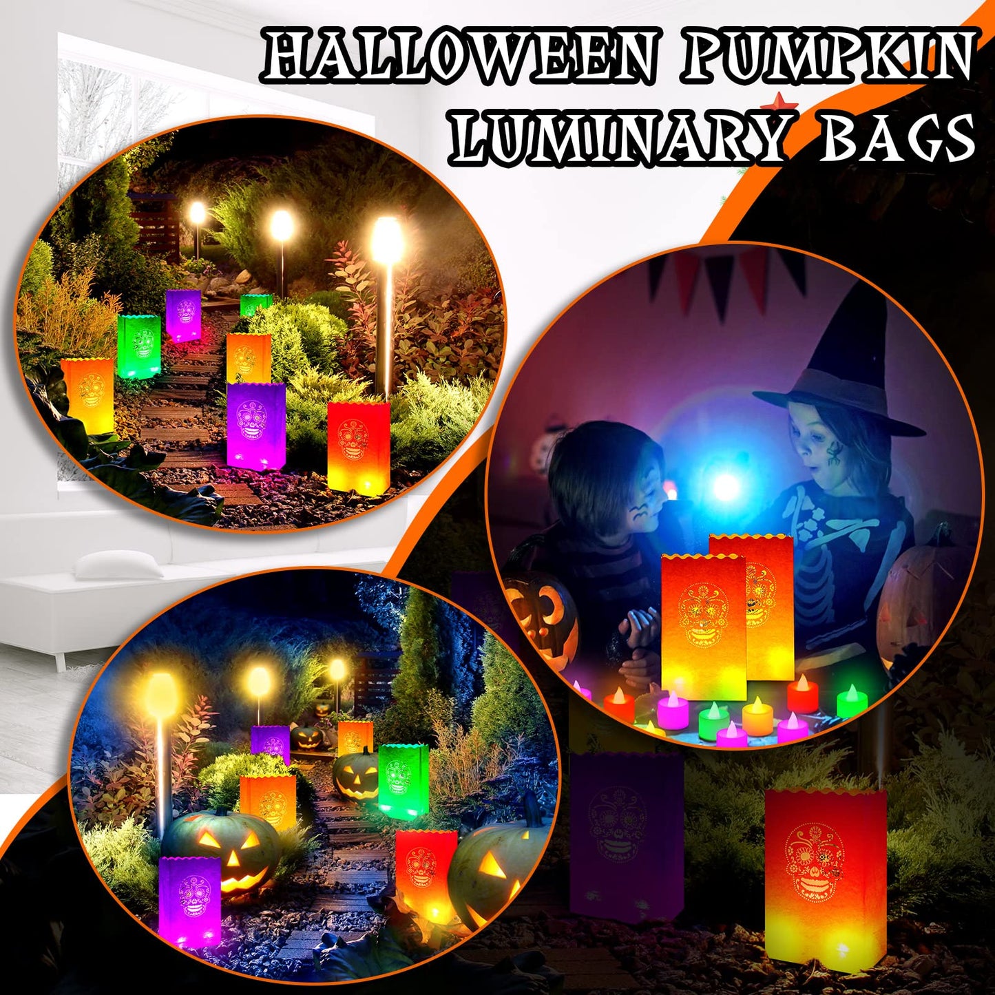 Meanplan 32 Set Day of The Dead Luminary Bags with 32 LED Tea Lights Flameless Candles, Dia De Los Muertos Luminary Mexican Christmas Paper Lantern Bags for Party Decor