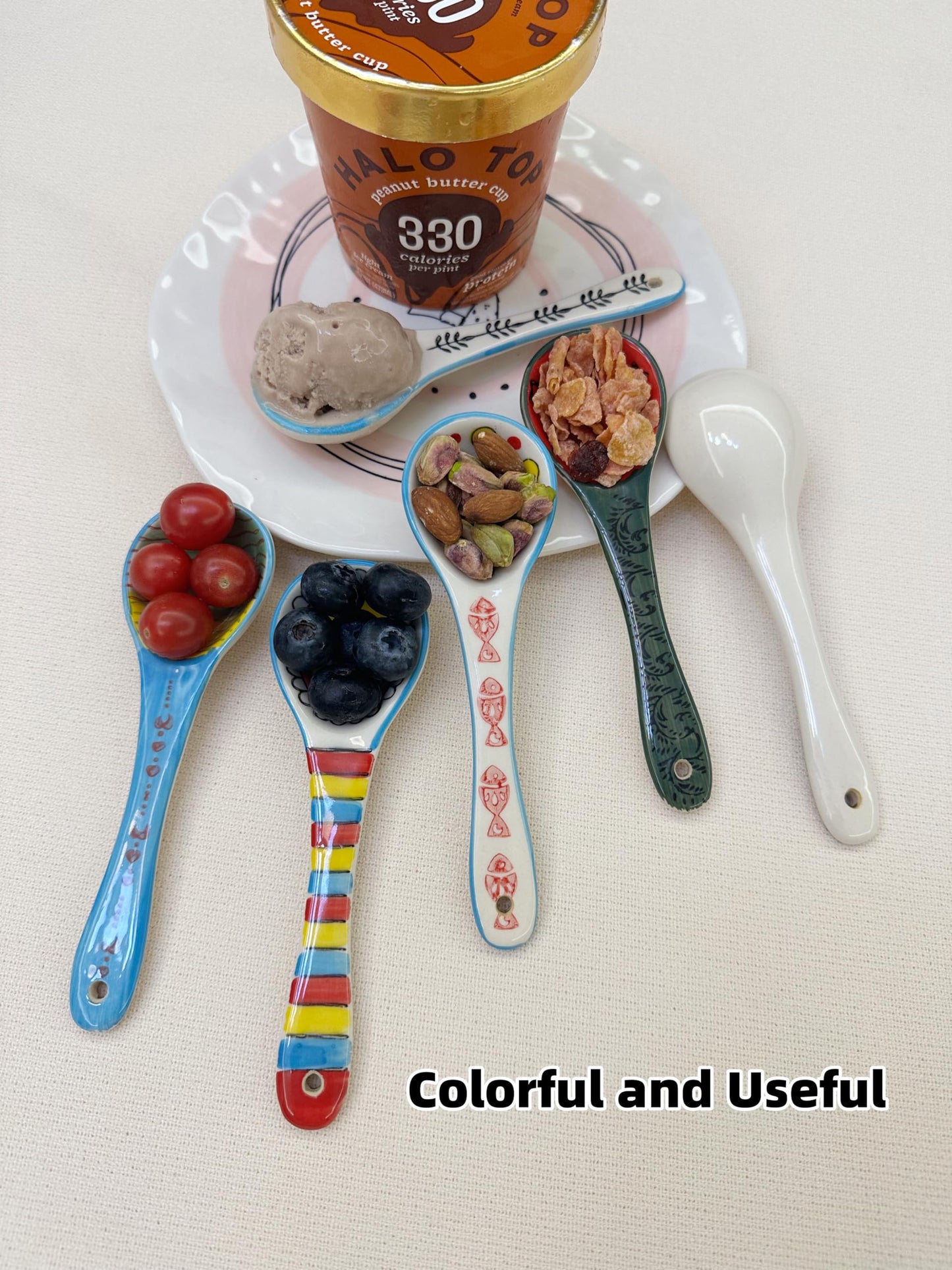 Ceramic Soup Spoons 6 Pcs- Hand-Painted Vibrant Small Serving Spoons for Ramen, Cereal, Yogurt, Dips, Microwave & Dishwasher Safe, Cute Spoons for Kitchen & Gifts