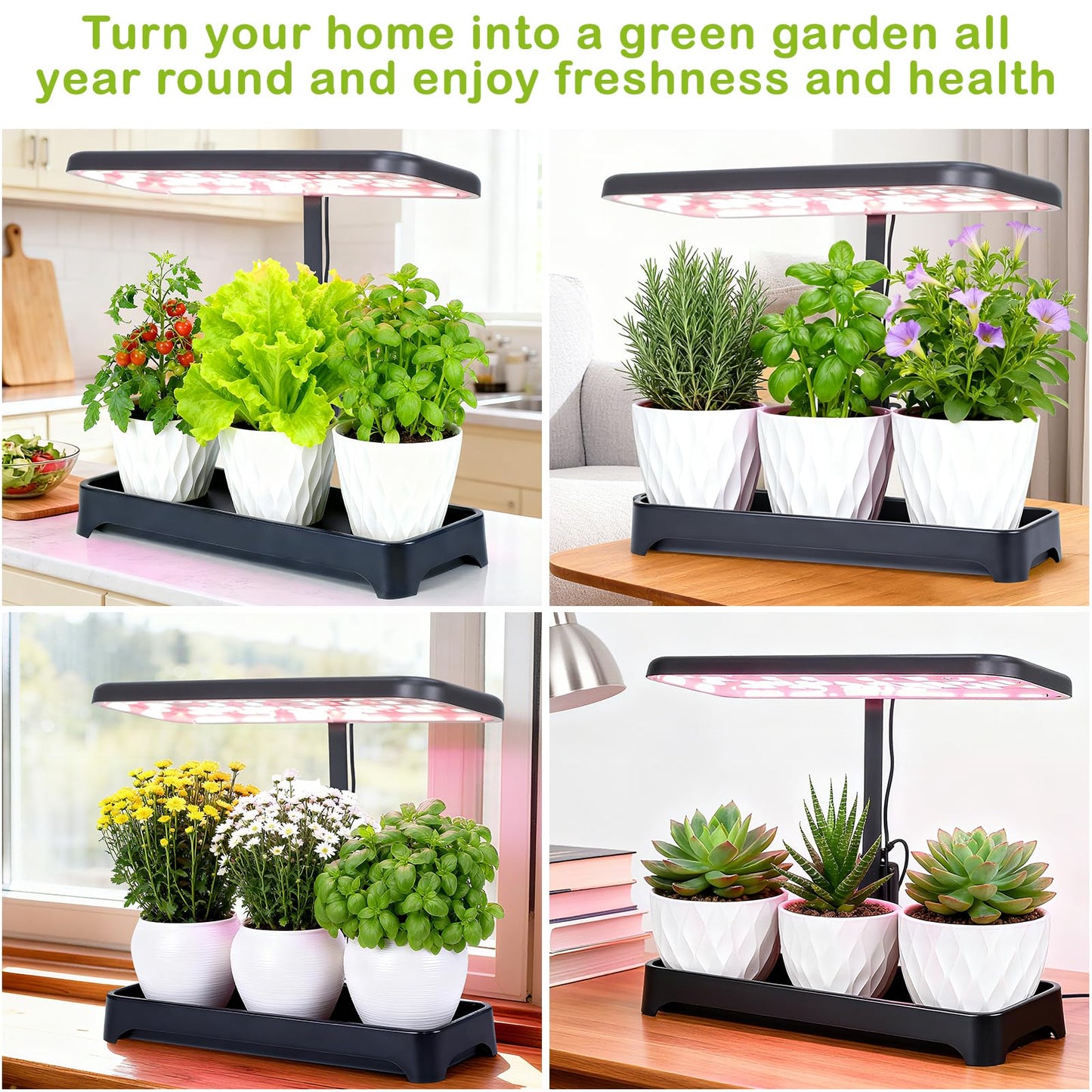 Indoor Garden Led Grow Light, Herb Kitchen Garden Grow Kit, Full Spectrum LED Plant Light for Plants, Height Adjustable Growing Lamp with Intelligent Controller (Not Pots) (Black, 16.5*6.5*4 inch)