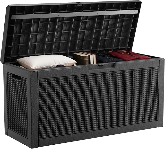 DRATO 60 Gallon Deck Box, Waterproof Resin Large Outdoor Storgae Box for Patio Furniture, Patio Cushions, Gardening Tools, Pool Supplies, Lockable（Black，60 Gallon）