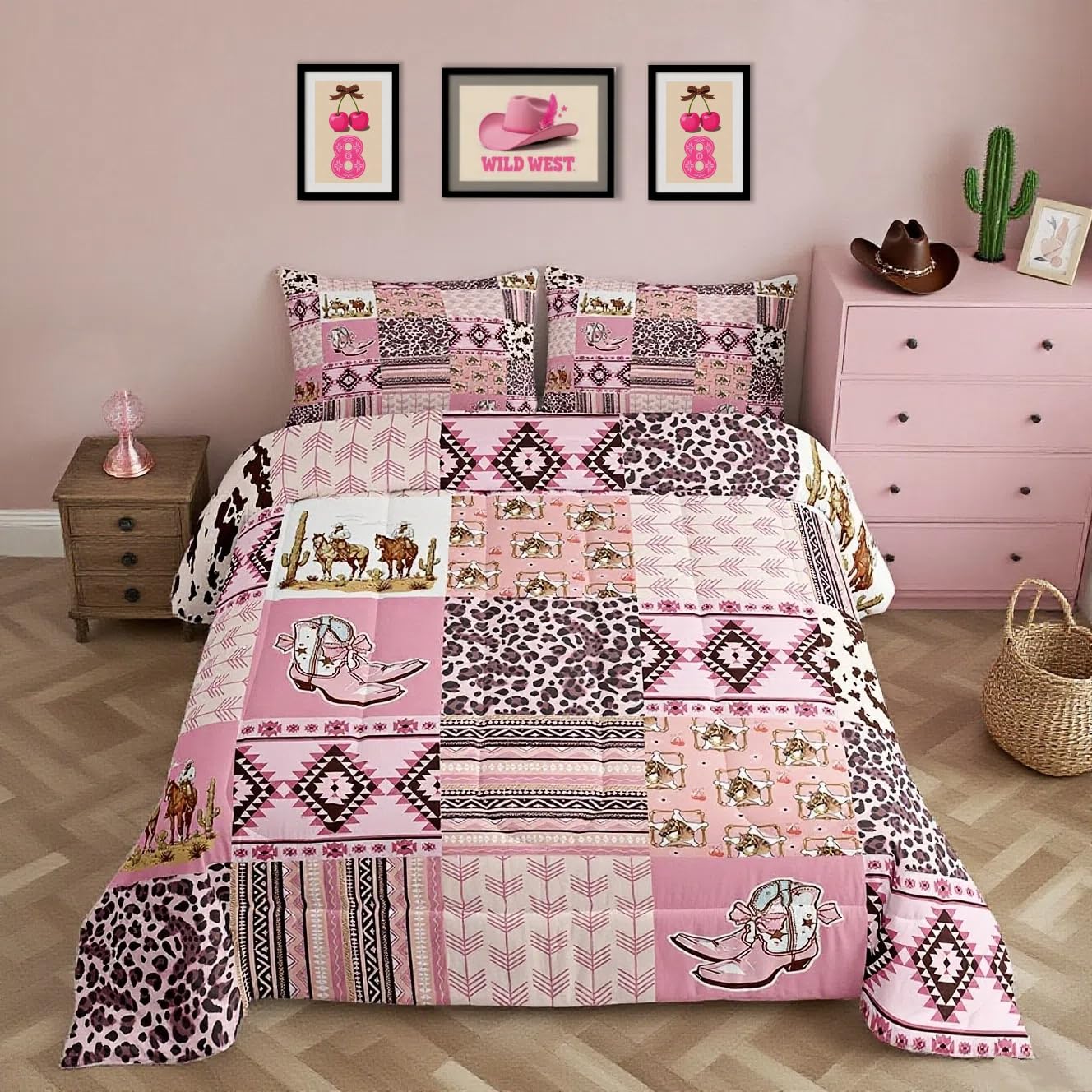 Feelyou Pink Aztec Bedding Set Queen Size, Kids Western Decor Comforter Set Wild West Cowboy Cowgirl Comforter Boho Style Duvet Insert Bed Set 3Pcs