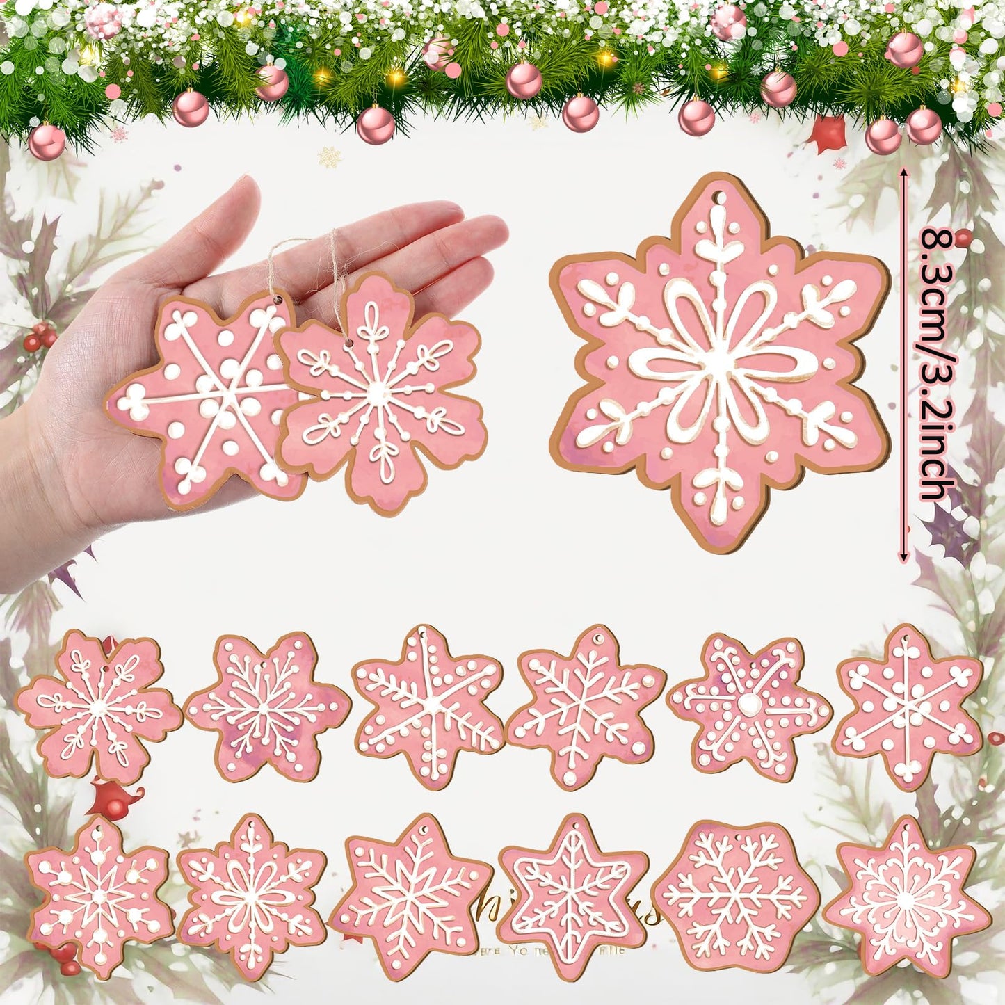 Quzzil 36 Pcs Christmas Gingerbread Ornaments for Tree Mini Snowflake Wooden Hanging Winter Xmas Ornaments with Ropes for Christmas Party Holiday Winter Crafts(Pink,36 Pcs,Snowflake)