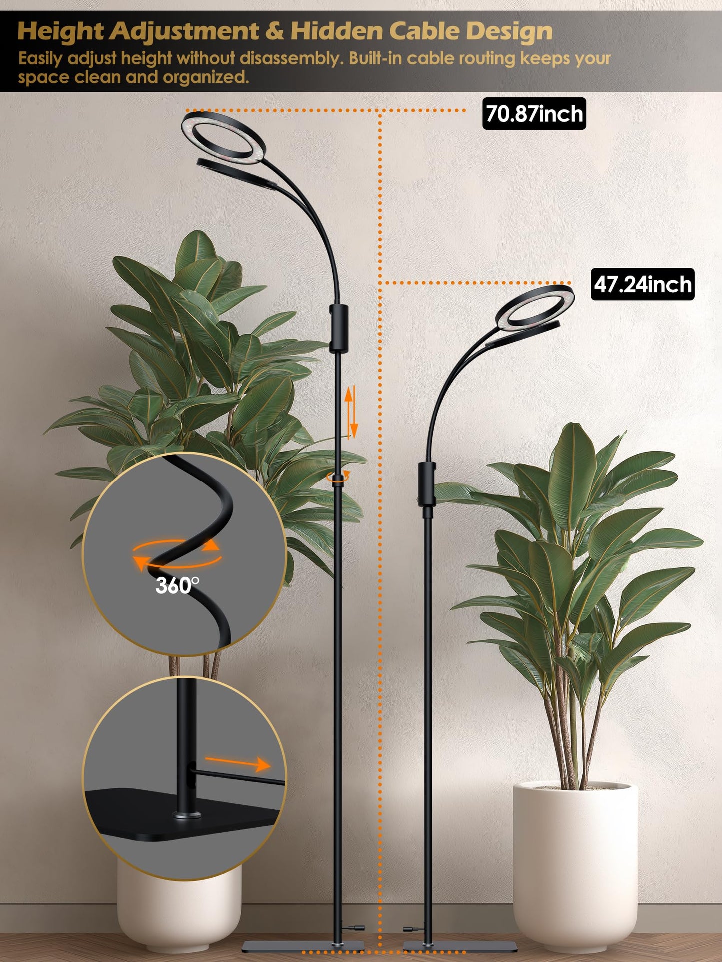 Smart Grow Lights for Indoor Plants, 48W Plant Light with Auto-Timer, Full Spectrum LED Grow Light, Adjustable Height & Stepless Dimming,Plant Assistant Suitable for Most Plants (Black (Dual Heads))
