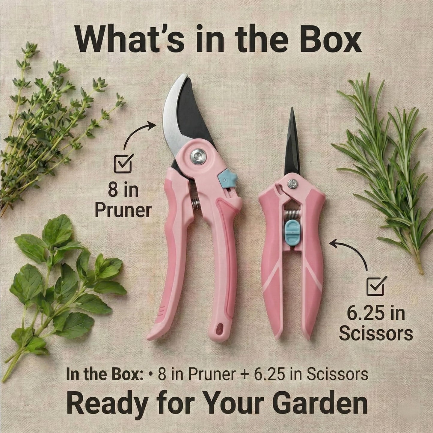 NEXON Garden Pruning Shears 2 Pack, 8" Bypass Hand Pruner & 6.25" Precision Garden Scissors, Professional Garden Clippers for Plants and Flowers Pink