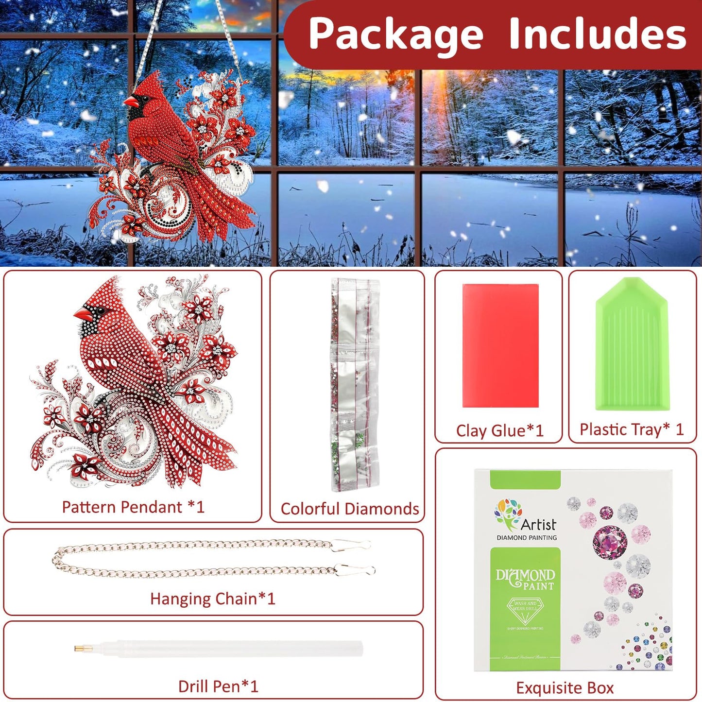 Genius maker Christmas Diamond Art Hanging Kits for Adults, Cardinal Diamond Painting Pendant Kits, DIY Acrylic 5D Special Shaped Crystal Diamonds Gem Art Painting Ornament for Home Wall Decor Gift
