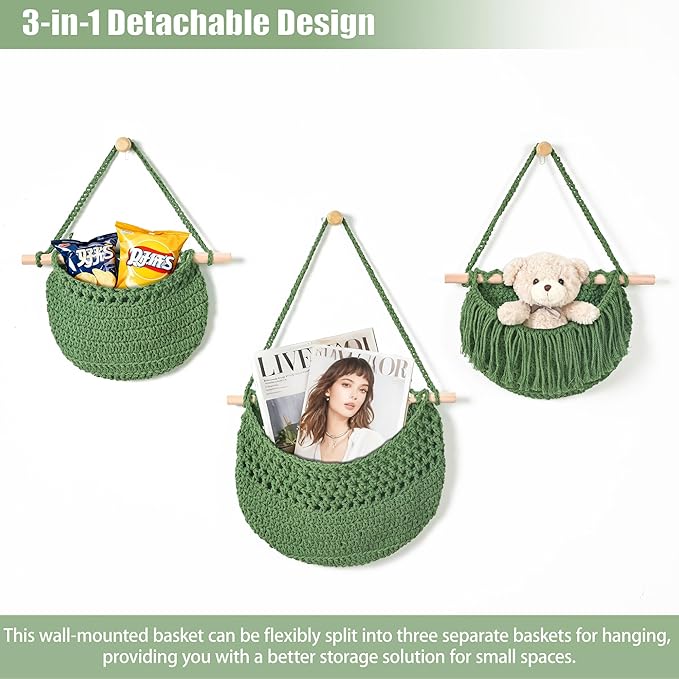 3 Tier Hanging Fruit Baskets for Kitchen, Boho Cotton Rope Handwoven Vegetable