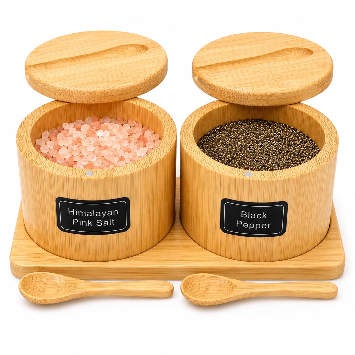 Bamboo Salt Cellar Set with Tray, 2 Salt and Pepper Cellar with Lids & Spoons, Magnetic Swivel Lid, 16 Labels, Spice Containers for Salt, Pepper, Sugar, Spices, Kitchen Countertop Organizer, 9 OZ Each