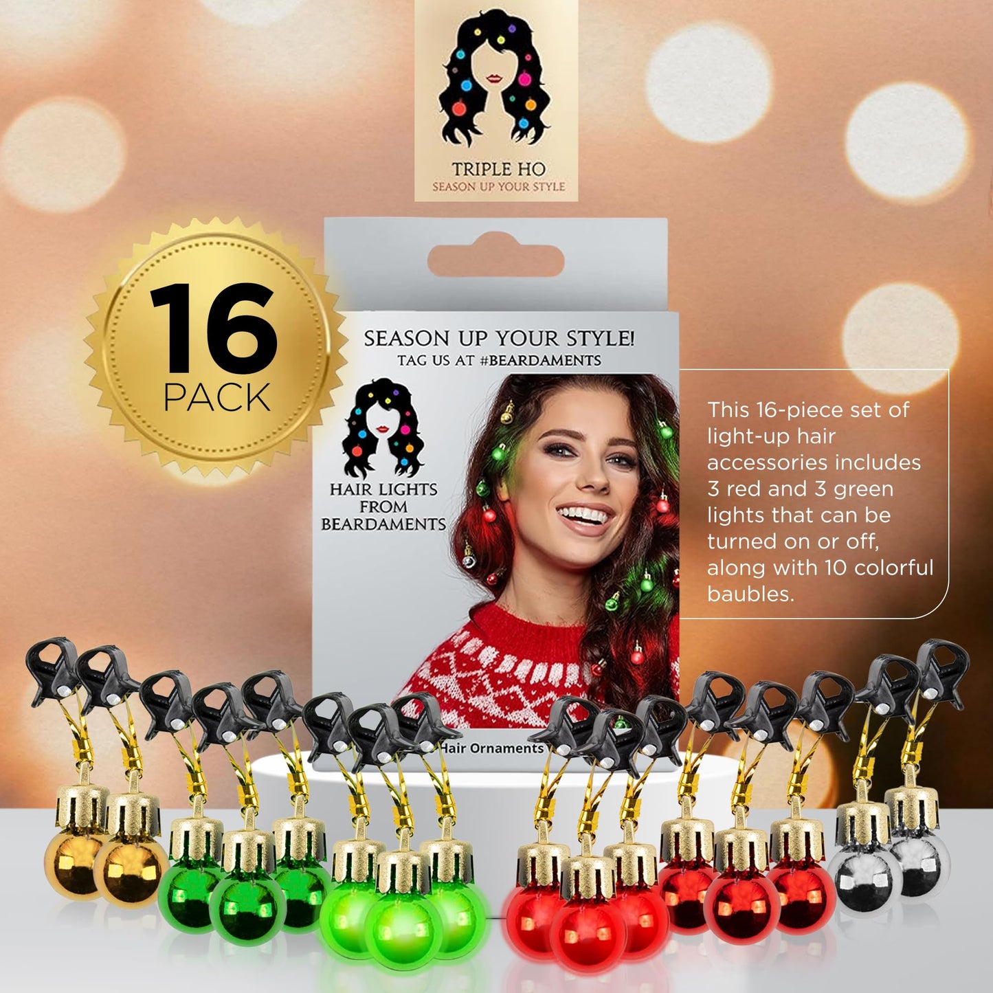 Beardaments Light Up Hair Lights - The Original Ornaments from, 16pc Colorful Christmas Hair Baubles for Holiday Cosplay Women Party Costume