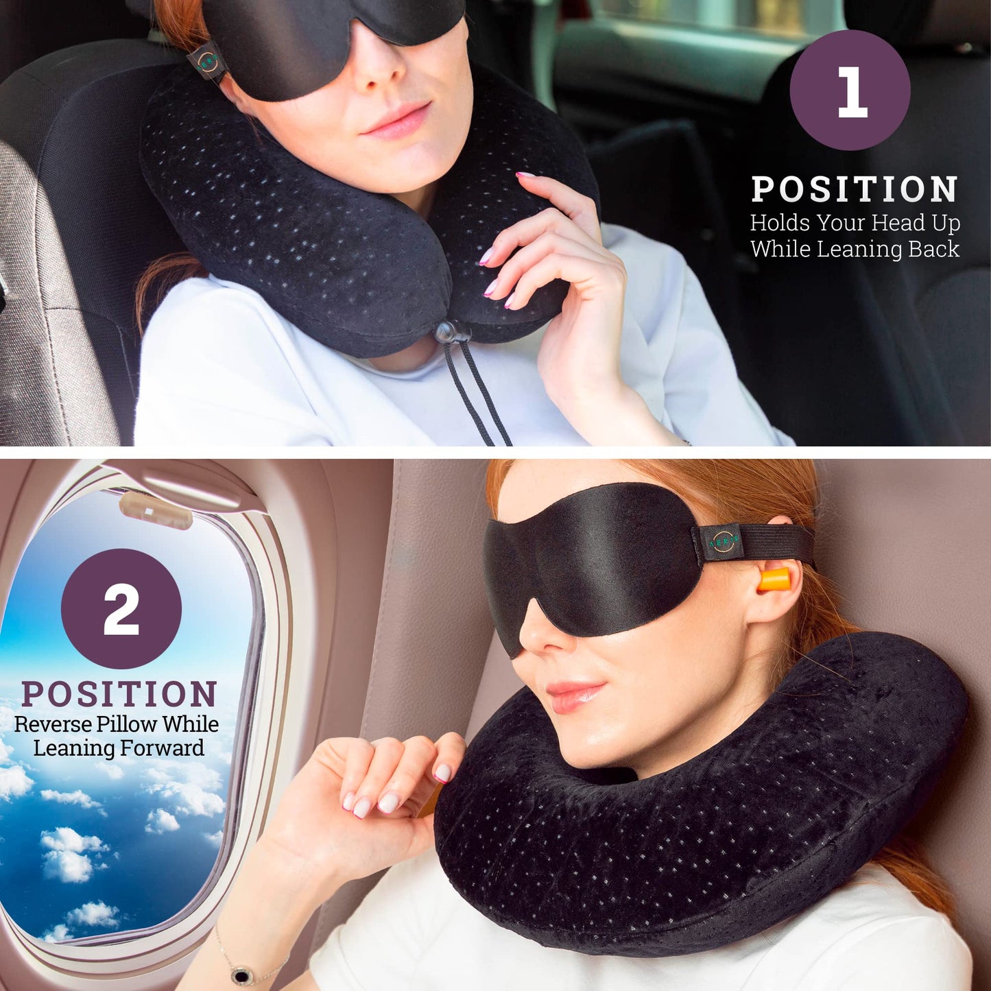 Aeris Memory Foam Travel Neck Pillow with Sleep Mask, Earplugs, Carry Bag, Adjustable Toggles and Velour Cover, Black