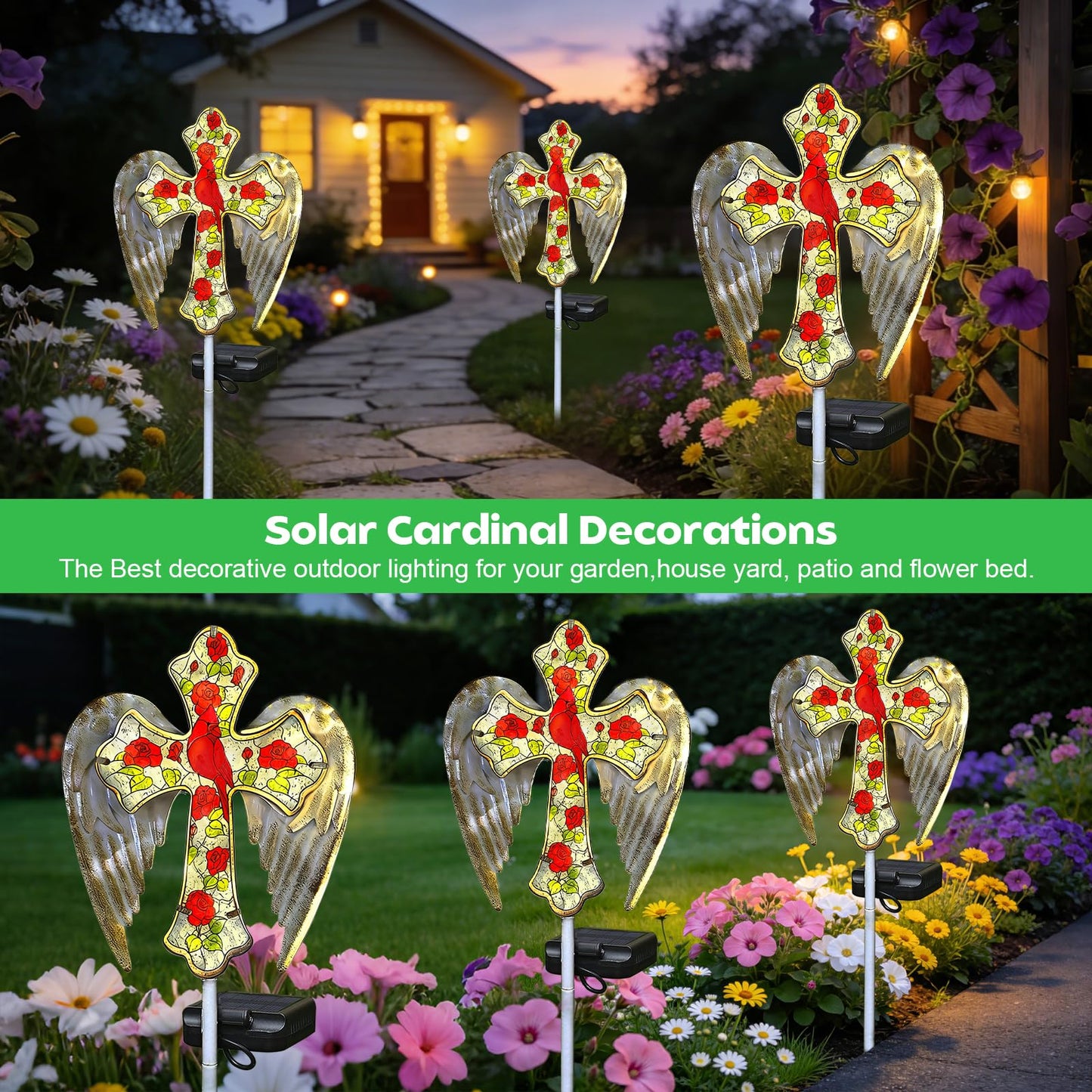 Solar Cross Lights Outdoor, Solar Cardinal Stake Lights Cemetery Decorations for Grave, Jesus Cross Sympathy Memorial Gifts for Women Mom Christmas, Glass Garden Art for Cemetery Yard Patio